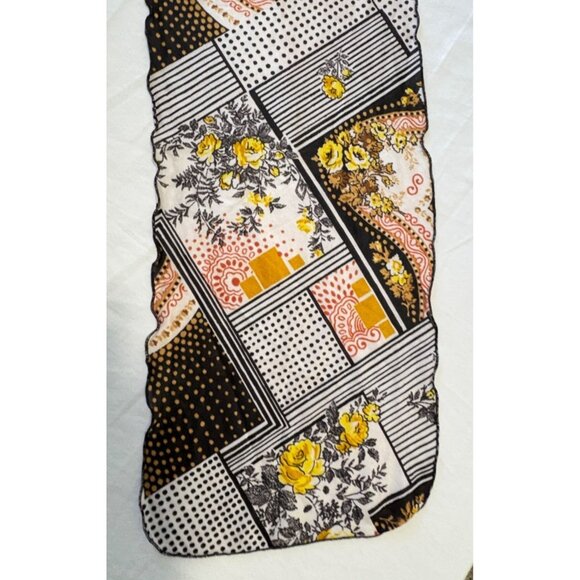 Vintage 60s Floral Scarf Geometric Scarf Black White Brown Retro Patchwork - Picture 2 of 7